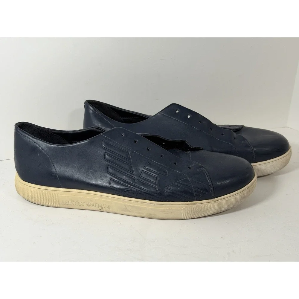Emporio Armani low-top sneakers, night blue leather w/a debossed eagle logo, M12